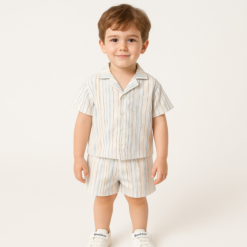 Formal Unisex White multi line Short Set .